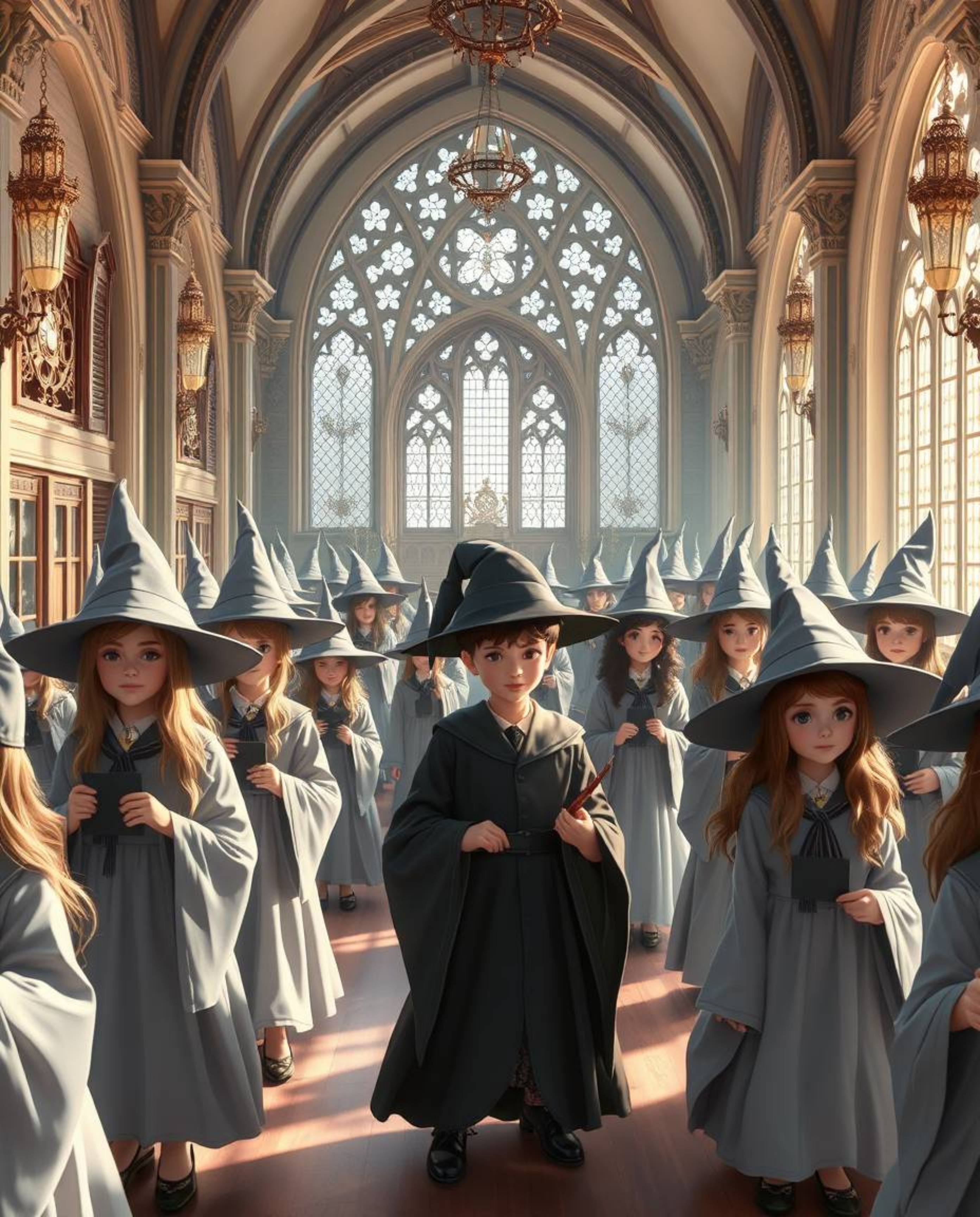 Explore a graceful and elegant magical school, populated by young wizards with refined features. This photorealistic image em