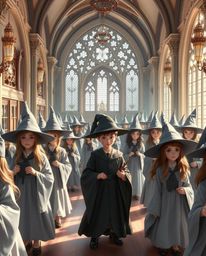 Explore a graceful and elegant magical school, populated by young wizards with refined features. This photorealistic image em