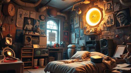 Explore a modern, future grand epic scene depicting sculptural clay art within a messy bedroom filled with peculiar gadgets a