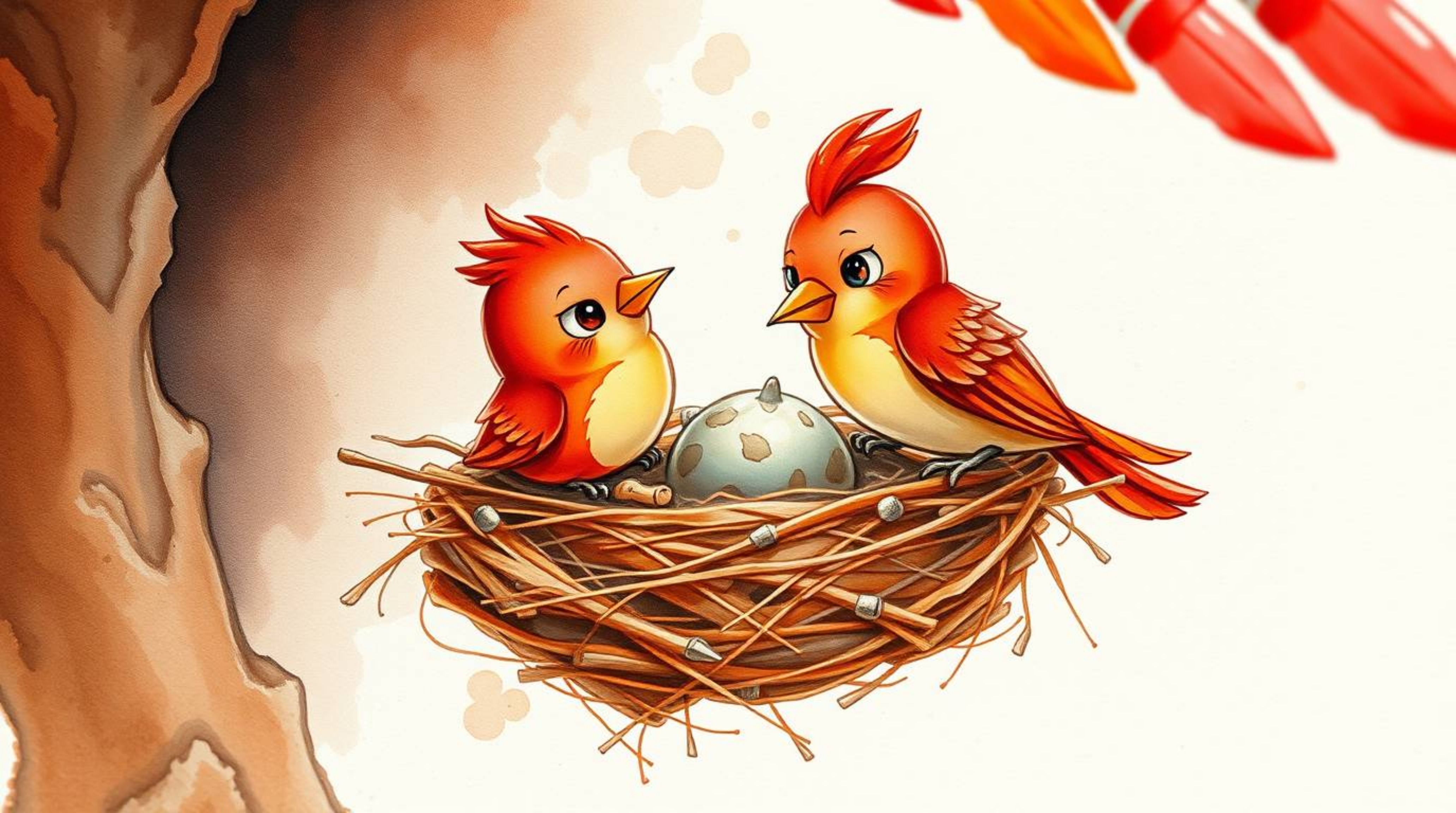 A stunning watercolor painting showcases two adorable cartoon birds meticulously constructing their nest.  The extreme macro 