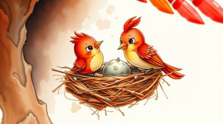 A stunning watercolor painting showcases two adorable cartoon birds meticulously constructing their nest.  The extreme macro 