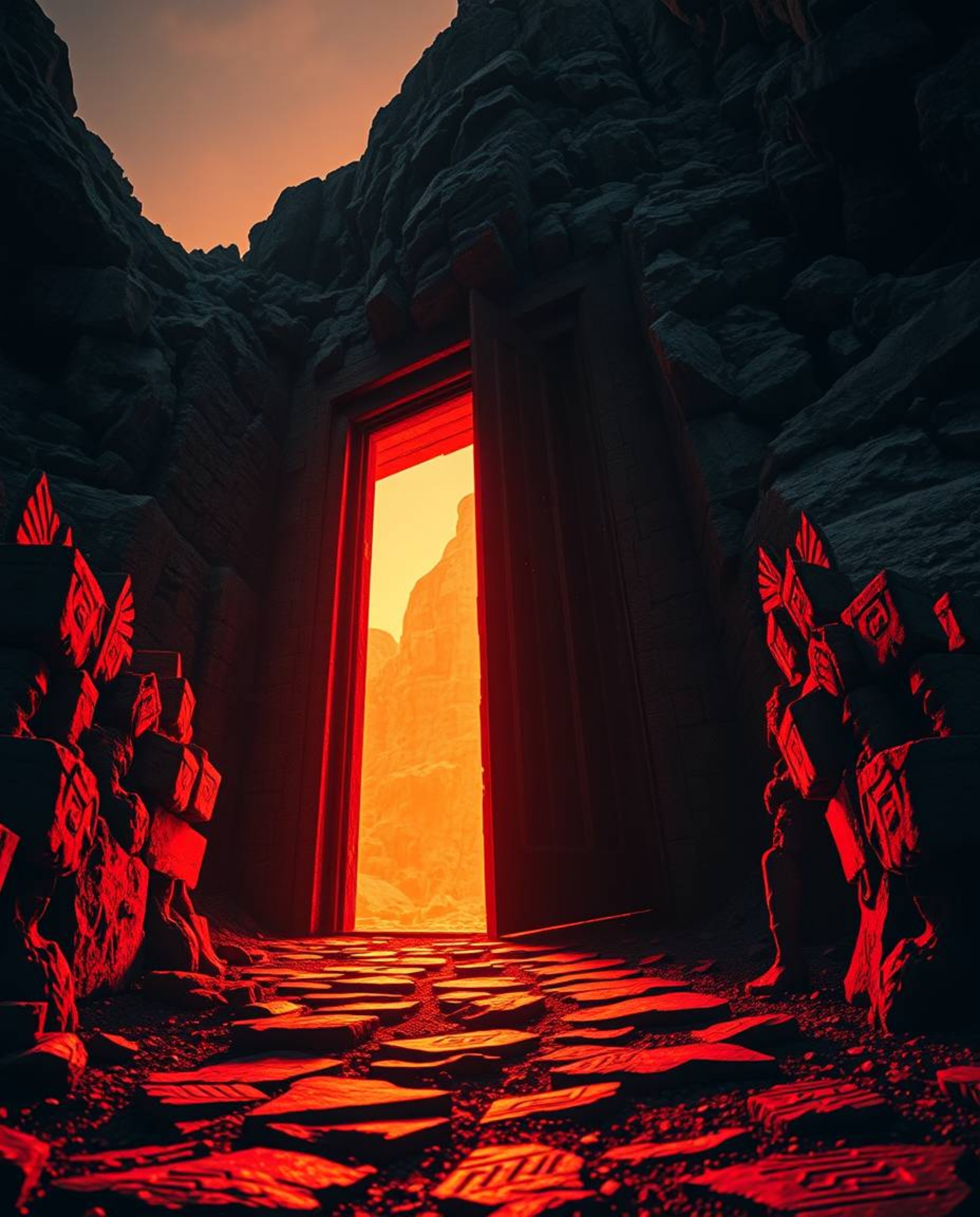 A breathtaking low-angle view of an ancient doorway adorned with glowing runes, nestled within a mountainside. The scene is i