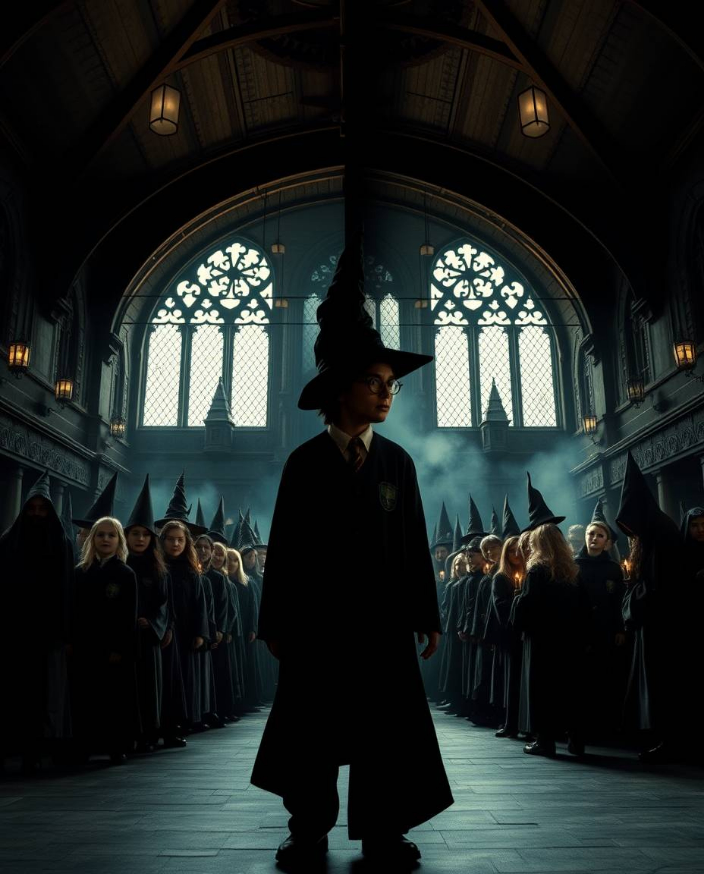 Experience a visually stunning depiction of a magical school filled with young wizards, rendered in a distinct cinematic styl