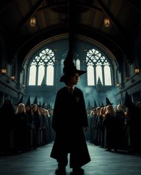 Experience a visually stunning depiction of a magical school filled with young wizards, rendered in a distinct cinematic styl
