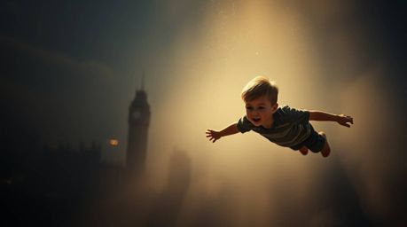 A young boy with soft features floats magically above the London skyline, dusted with pixie dust.  The image evokes a dreamy,