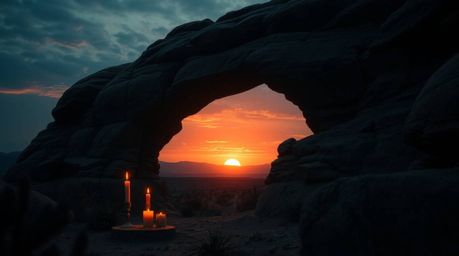 A captivating and unsettling image depicts a sunset viewed through a desert rock arch.  Warm candlelight flickers against the