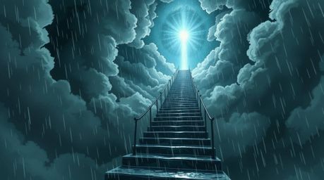 Experience a stunning isekai anime-style depiction of a surreal stairway suspended in mid-air, gracefully winding through smo