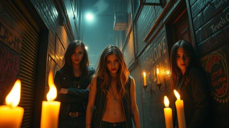 Explore a dreamlike and surreal scene in a grungy city alley, where rebellious teens are bathed in the warm glow of flickerin