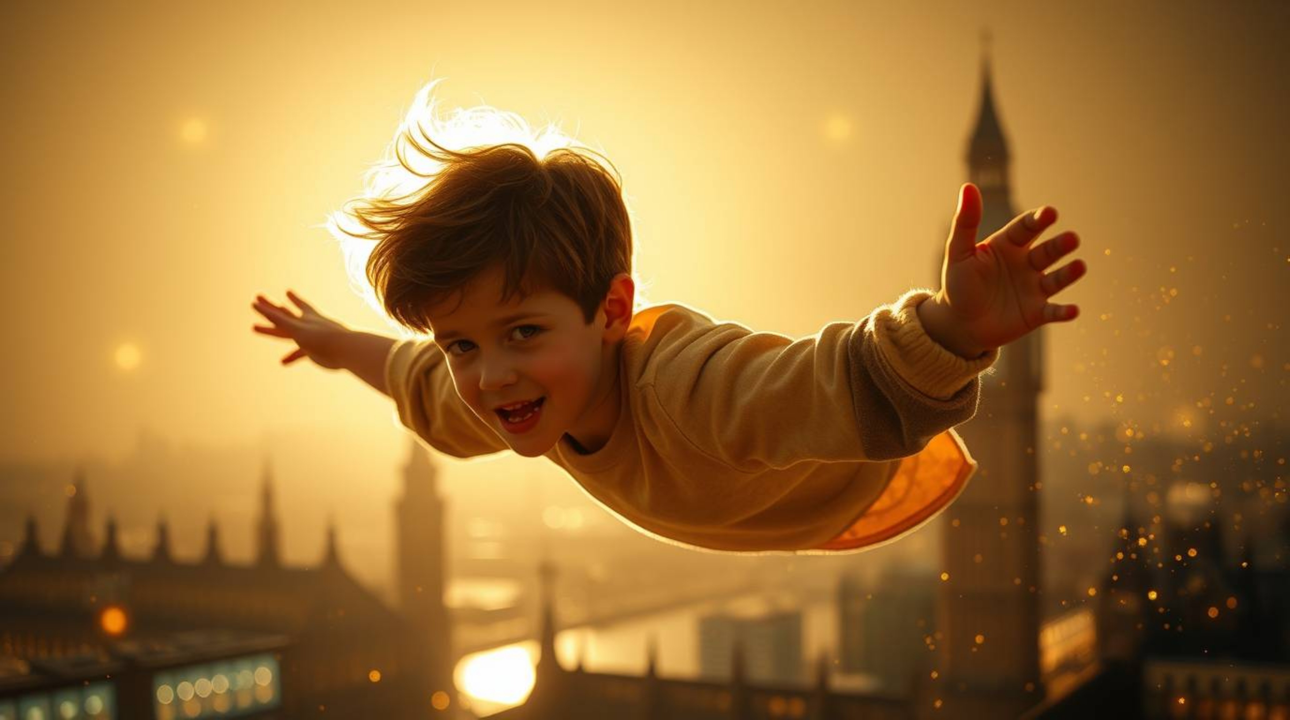 A captivating image depicts a young boy with short brown hair, silhouetted against a radiant light, soaring above London with