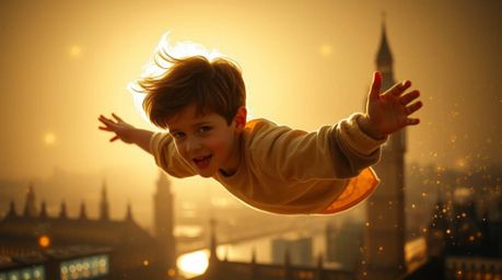 A captivating image depicts a young boy with short brown hair, silhouetted against a radiant light, soaring above London with