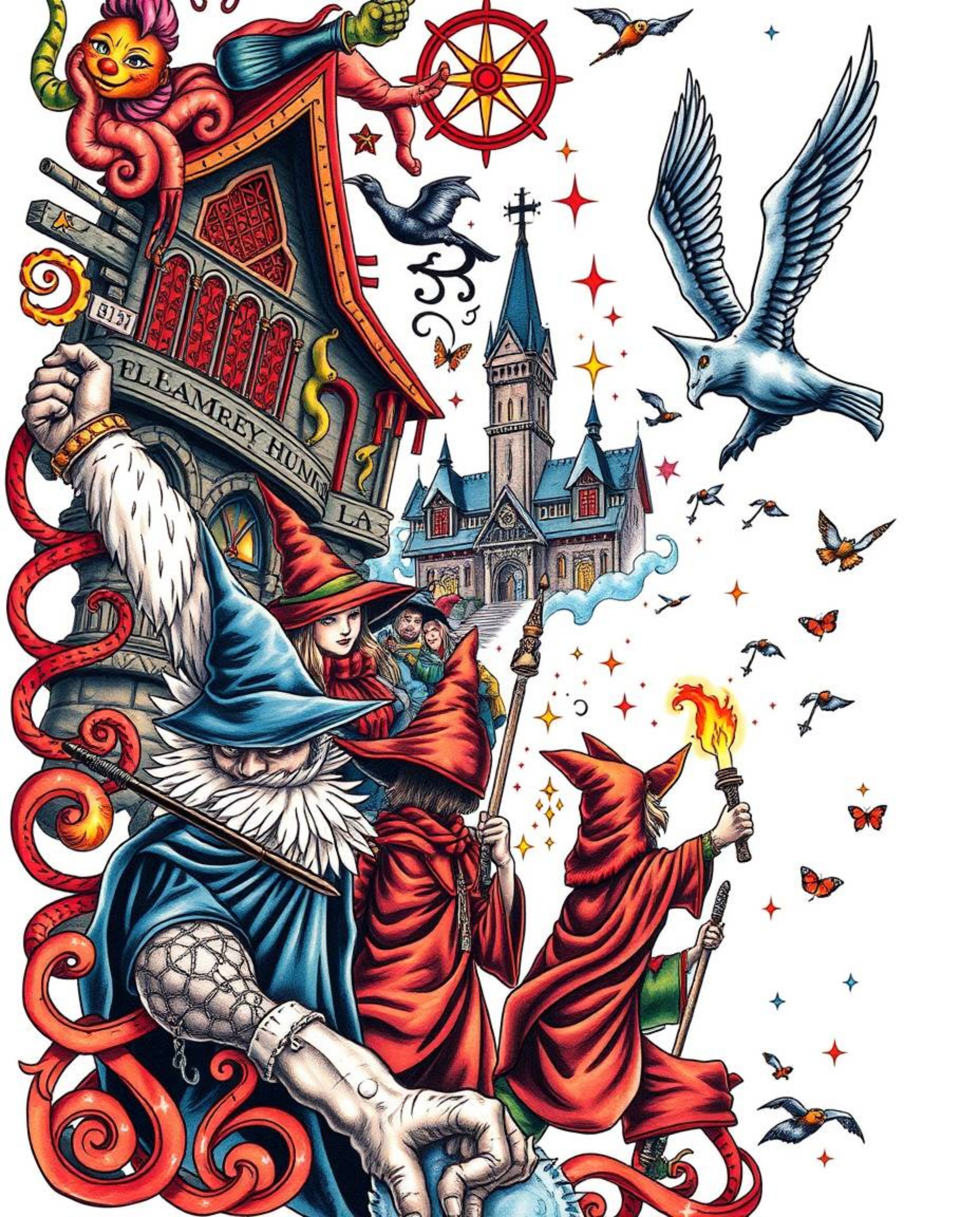This dynamic traditional tattoo art print features a magical school teeming with young wizards, brought to life in vibrant co