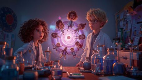 In a cinematic, vibrant, and stylized photograph reminiscent of Pixar animation, a duo of young inventors—a bright-eyed young
