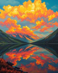 A painting captures the reflections of fiery clouds in a mountain lake using an array of bright, vibrant colors. The scene is