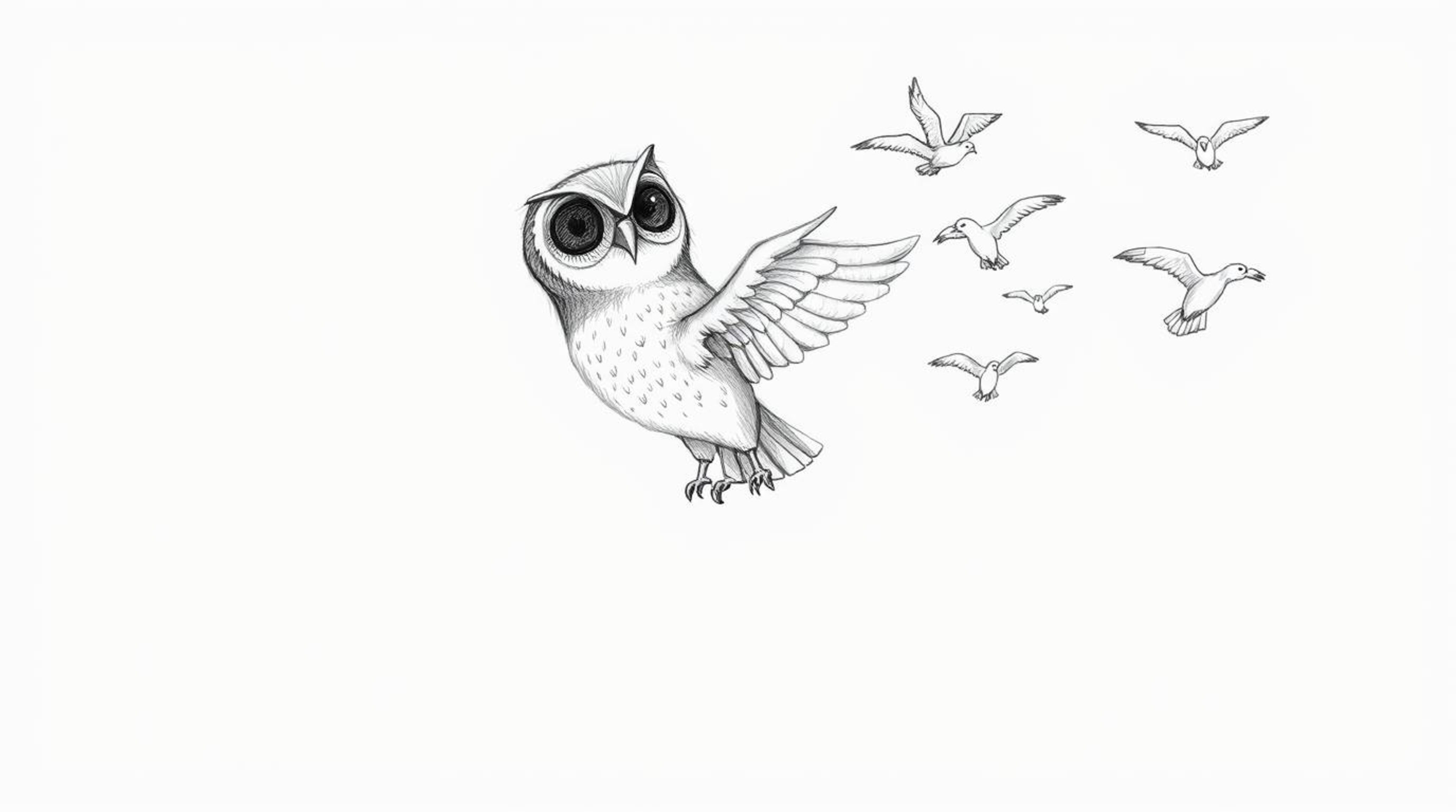 This hand-drawn sketch, rendered in a textured pencil style reminiscent of Pixar animation, portrays a blind owl gracefully l