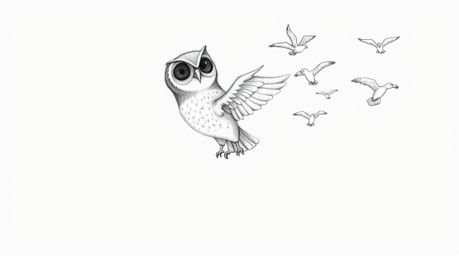 This hand-drawn sketch, rendered in a textured pencil style reminiscent of Pixar animation, portrays a blind owl gracefully l