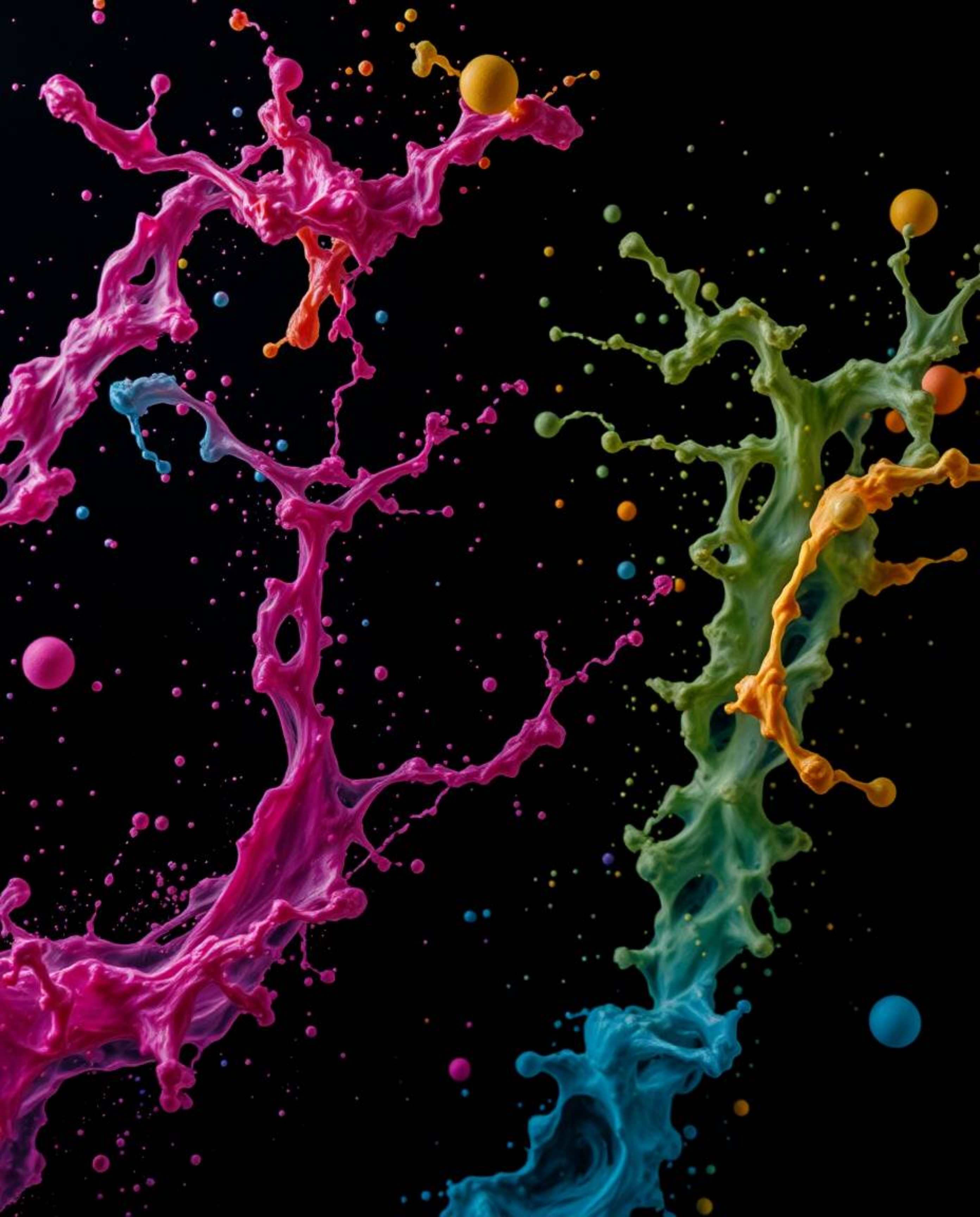 A high-resolution stock photo showcasing dynamic and colorful splashes frozen in motion against a stark black background. The