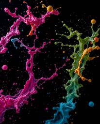 A high-resolution stock photo showcasing dynamic and colorful splashes frozen in motion against a stark black background. The