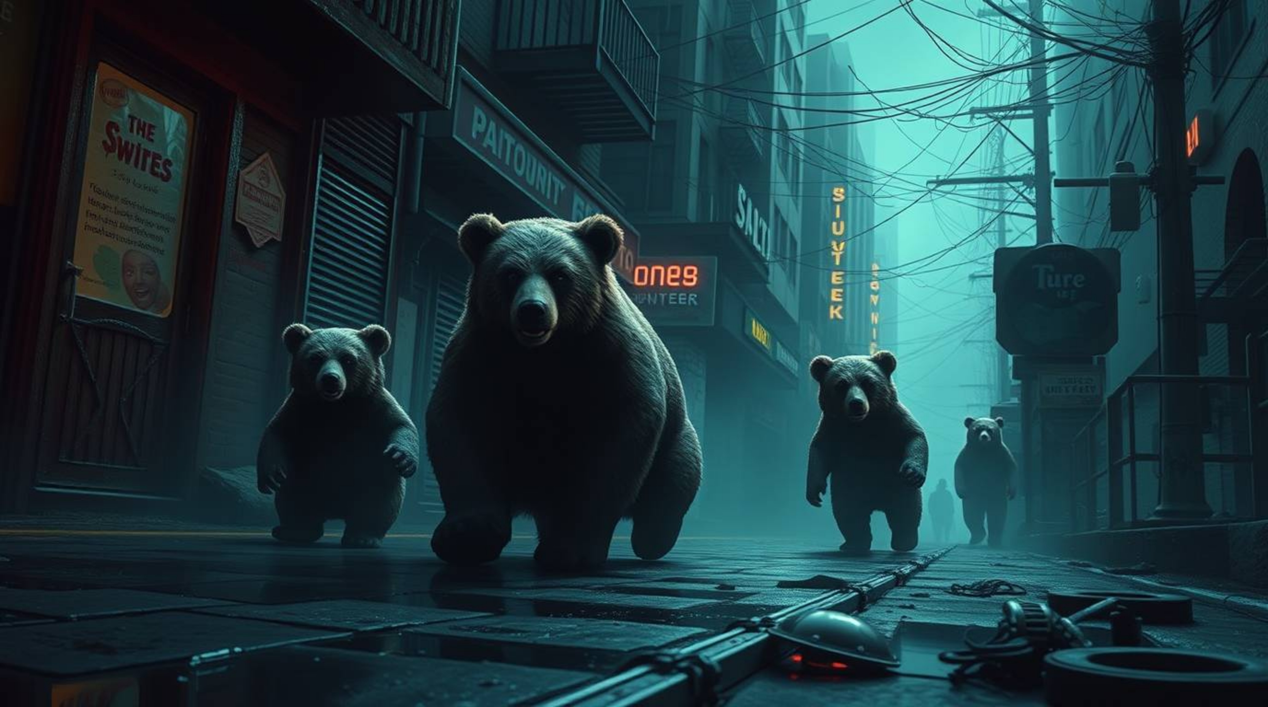 Experience an unsettling urban adventure with a bear family depicted in an eerie and creepy atmosphere. The scene is brought 