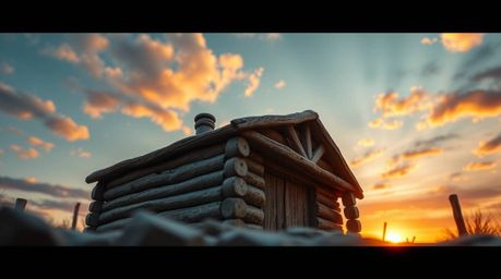 This low-angle sculptural clay artwork captures the dramatic beauty of an old wooden cabin bathed in the warm light of a sett