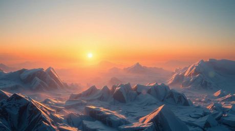 Explore a captivating digital painting featuring a breathtaking sunset over icy glaciers in the polar region. This artwork bl