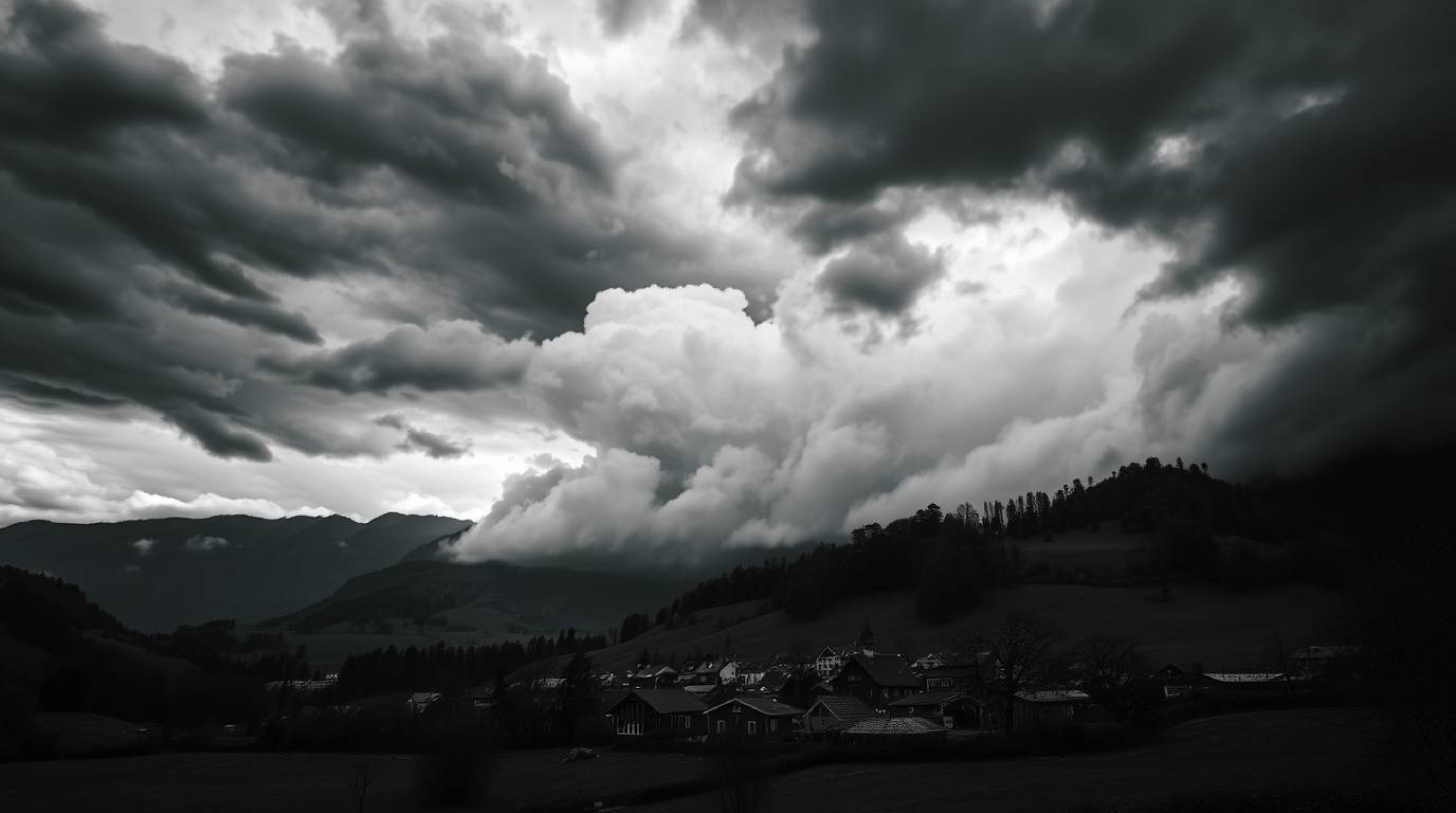 A timeless, elegant black and white photograph depicts a cozy village nestled in a valley, dramatically contrasted against a 