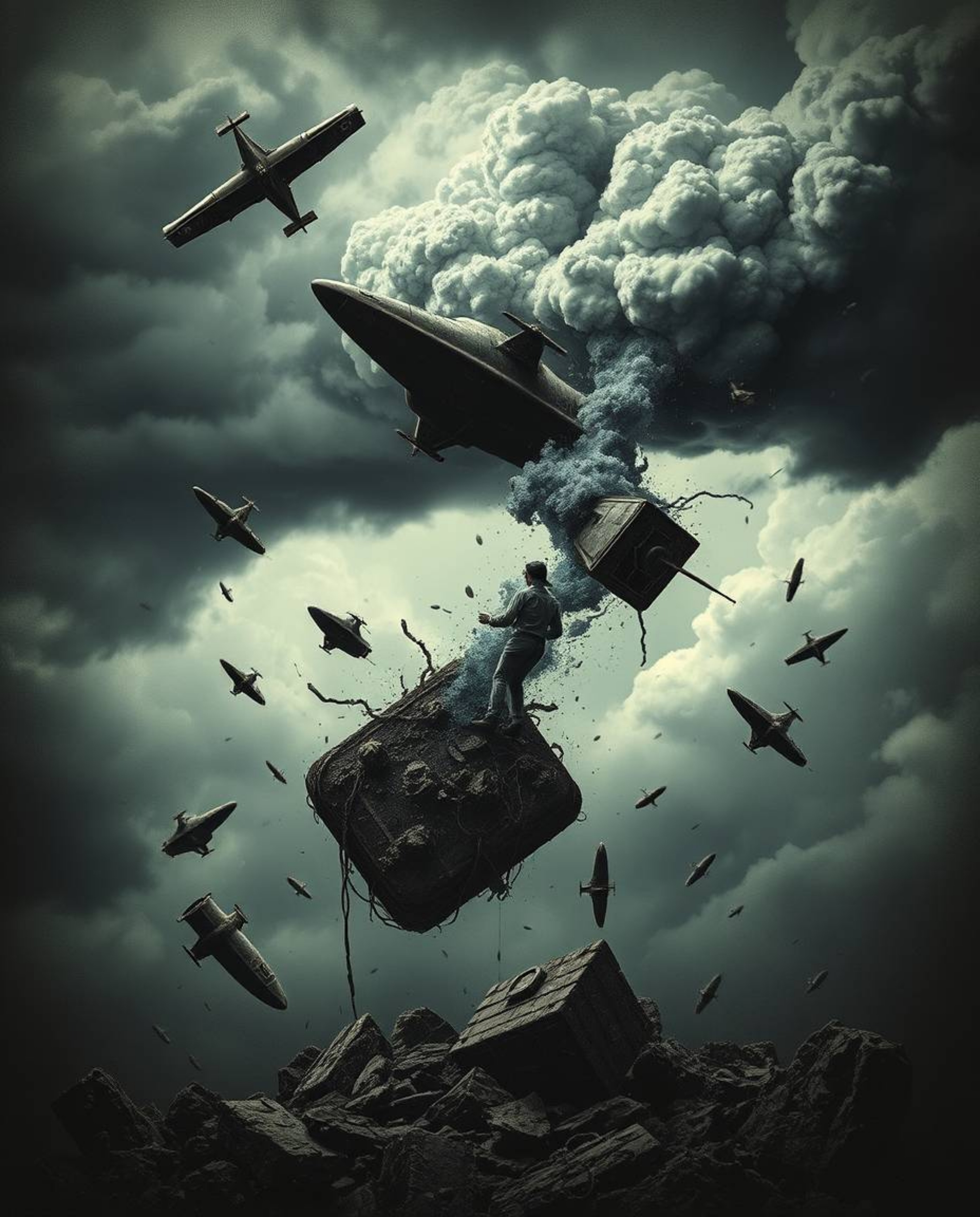 Experience a surreal storm where gravity bends and everyday objects take flight. This low-contrast image captures a moody atm