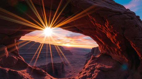 Experience the breathtaking beauty of a desert sunset framed by a natural rock arch. This image captures the vibrant colors a