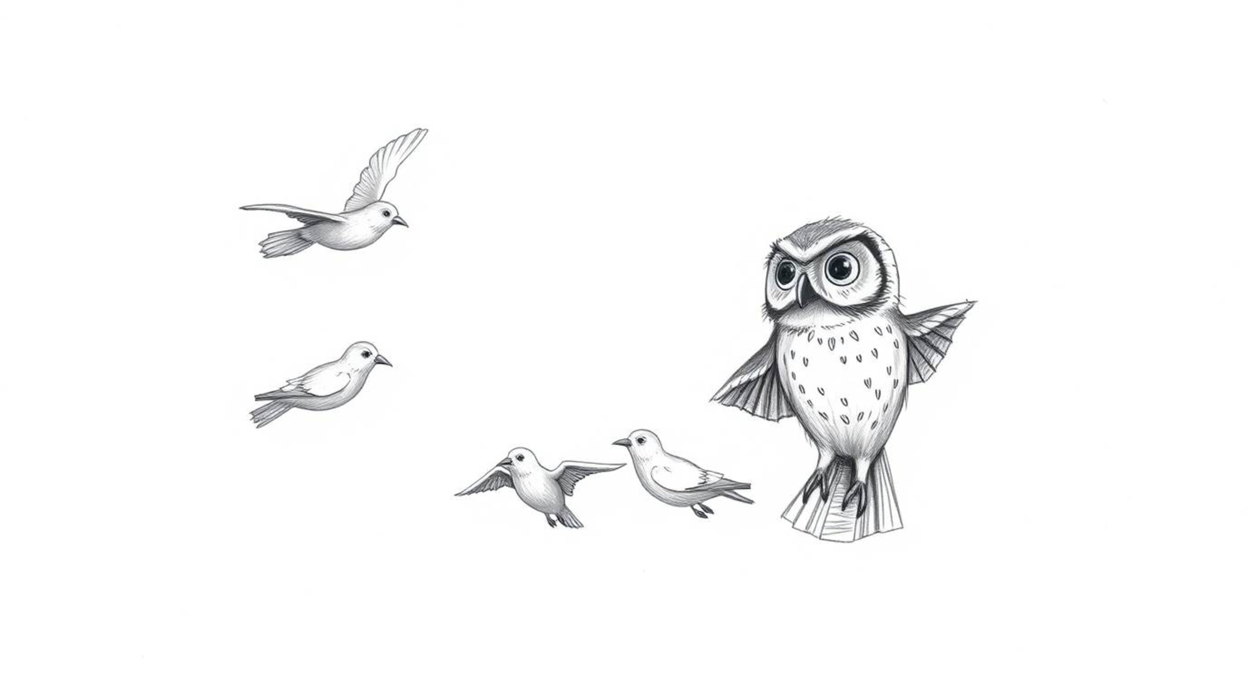 A captivating Pixar-inspired hand-drawn pencil sketch depicts a blind owl guiding a flock of birds in flight. The rough lines