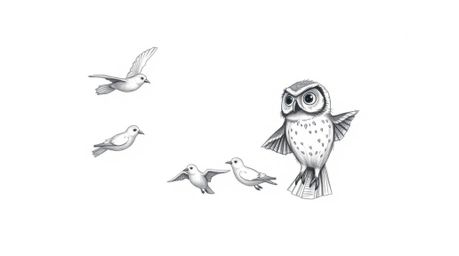 A captivating Pixar-inspired hand-drawn pencil sketch depicts a blind owl guiding a flock of birds in flight. The rough lines