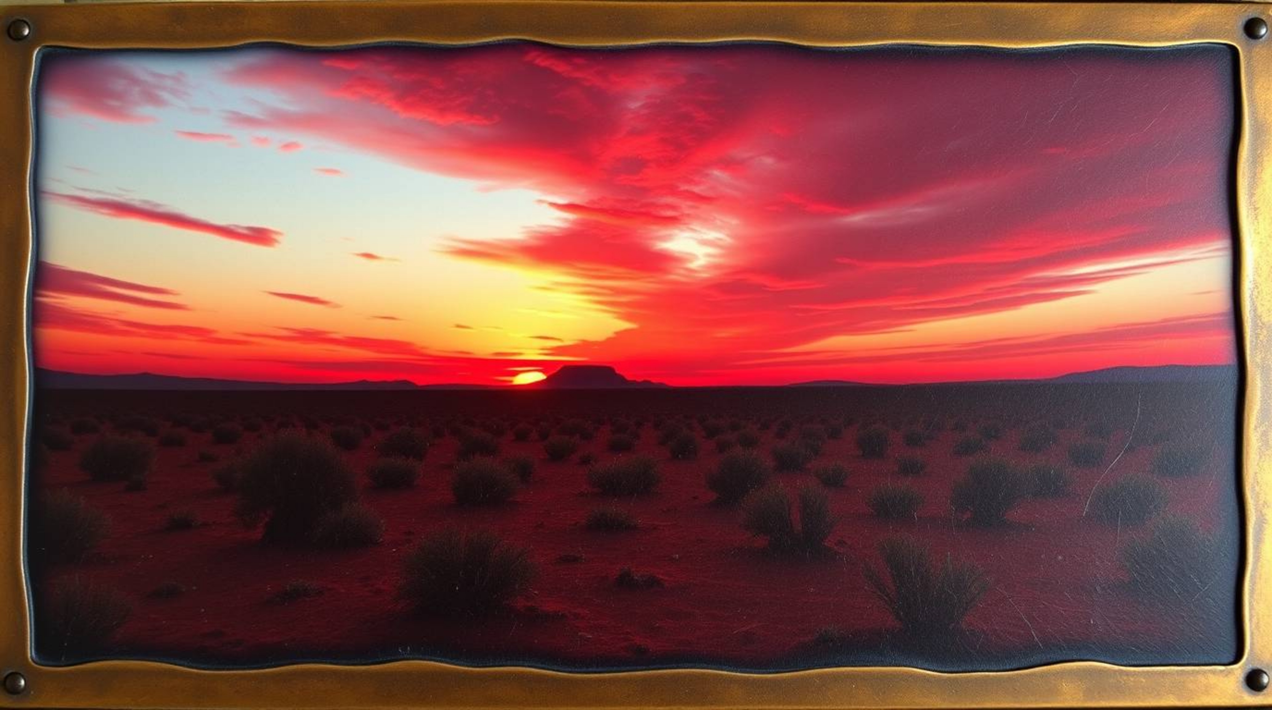 Capture the essence of a desert sunset with this stunning image featuring rich burgundy and deep blue hues cast upon a bronze
