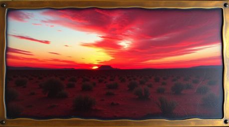 Capture the essence of a desert sunset with this stunning image featuring rich burgundy and deep blue hues cast upon a bronze