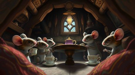 A captivating digital painting depicts anthropomorphic mice enjoying a tea party within a cozy cottage. The dramatic low-ang