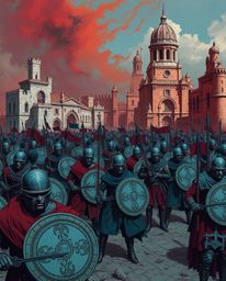 Explore a surreal battlefield where time-warped soldiers clash amidst crumbling buildings, rendered in rich burgundy and deep