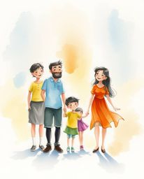 Experience the warmth and joy of a Pixar-style family reunion captured in a delicate watercolor painting. The artwork showcas