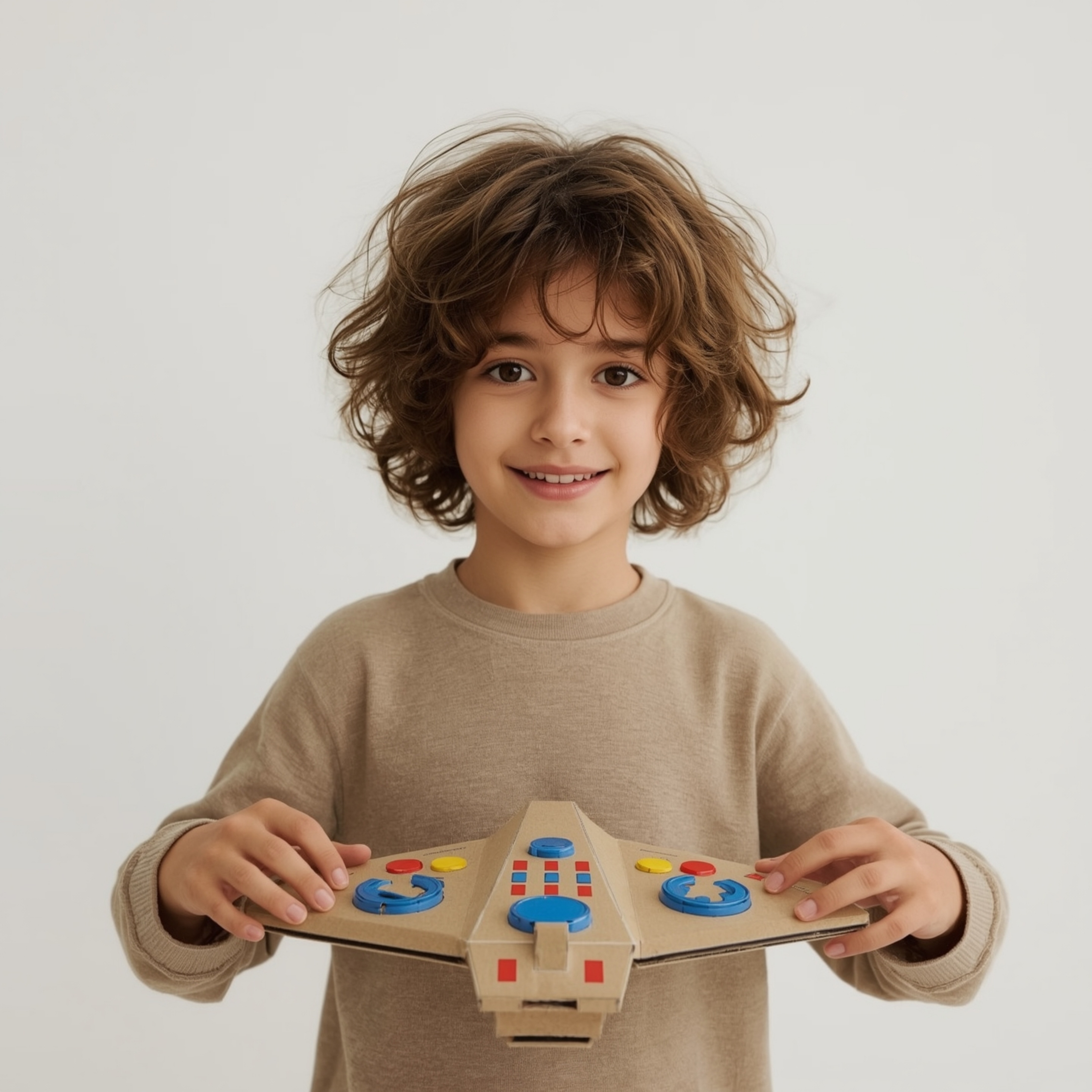 Exquisite high-fashion photography captures a boy with vibrant curly brown hair building an intricately designed cardboard sp