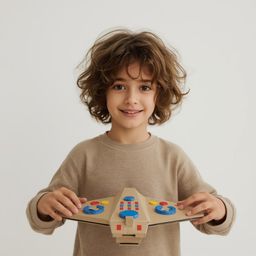 Exquisite high-fashion photography captures a boy with vibrant curly brown hair building an intricately designed cardboard sp