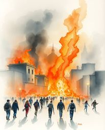 A delicate watercolor painting depicting a city engulfed in flames, showing people running in all directions amidst the chaos