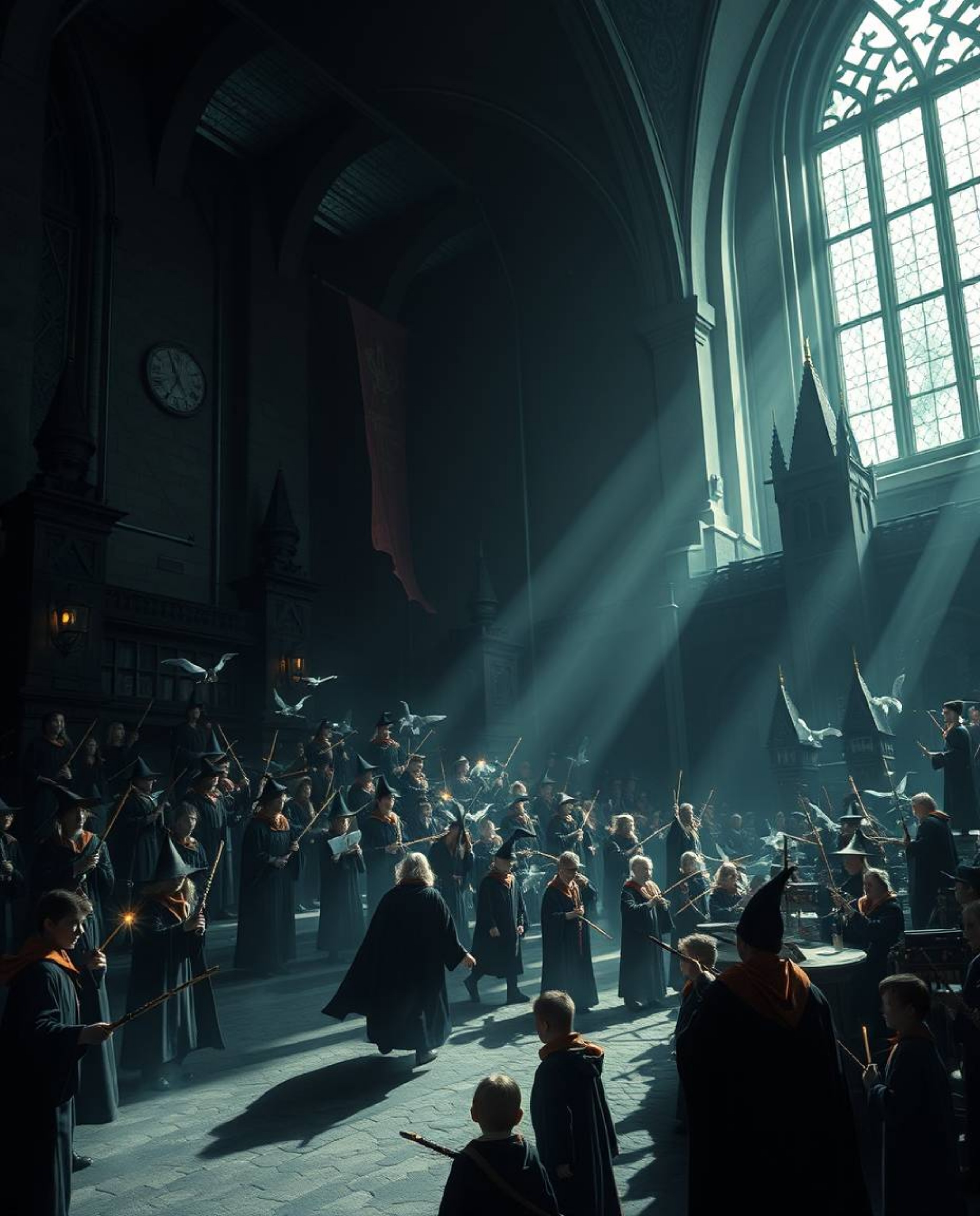 Explore a high-contrast, low-key image of a magnificent magical school brimming with young wizards. Presented in a massive, h