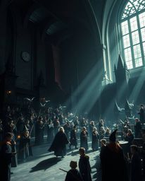 Explore a high-contrast, low-key image of a magnificent magical school brimming with young wizards. Presented in a massive, h