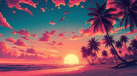 A captivating Isekai-inspired illustration depicts a surreal tropical beach sunset rendered in infrared tones.  Palm trees sw