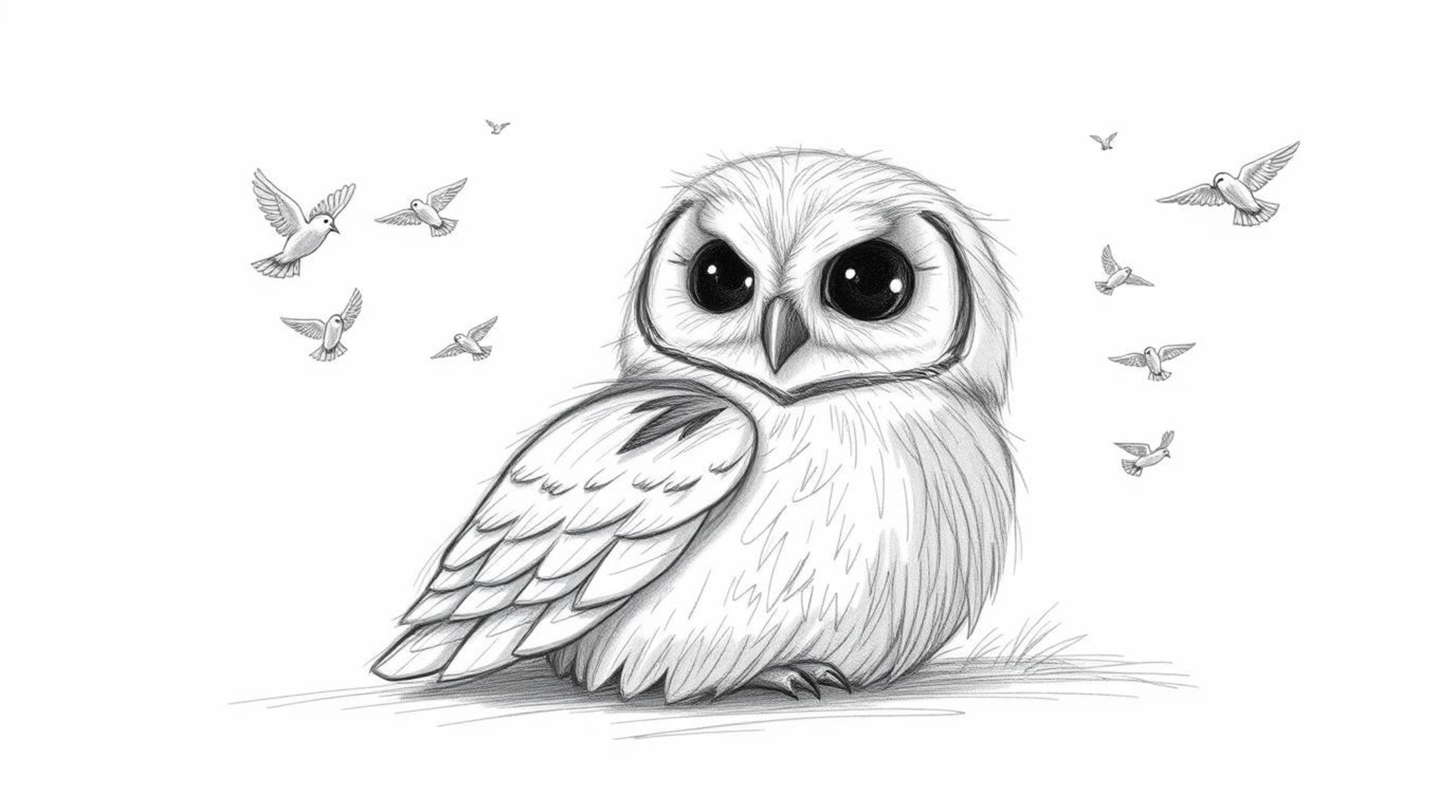 A heartwarming textured pencil sketch reminiscent of Pixar animation depicts a blind owl resting peacefully amidst a flurry o