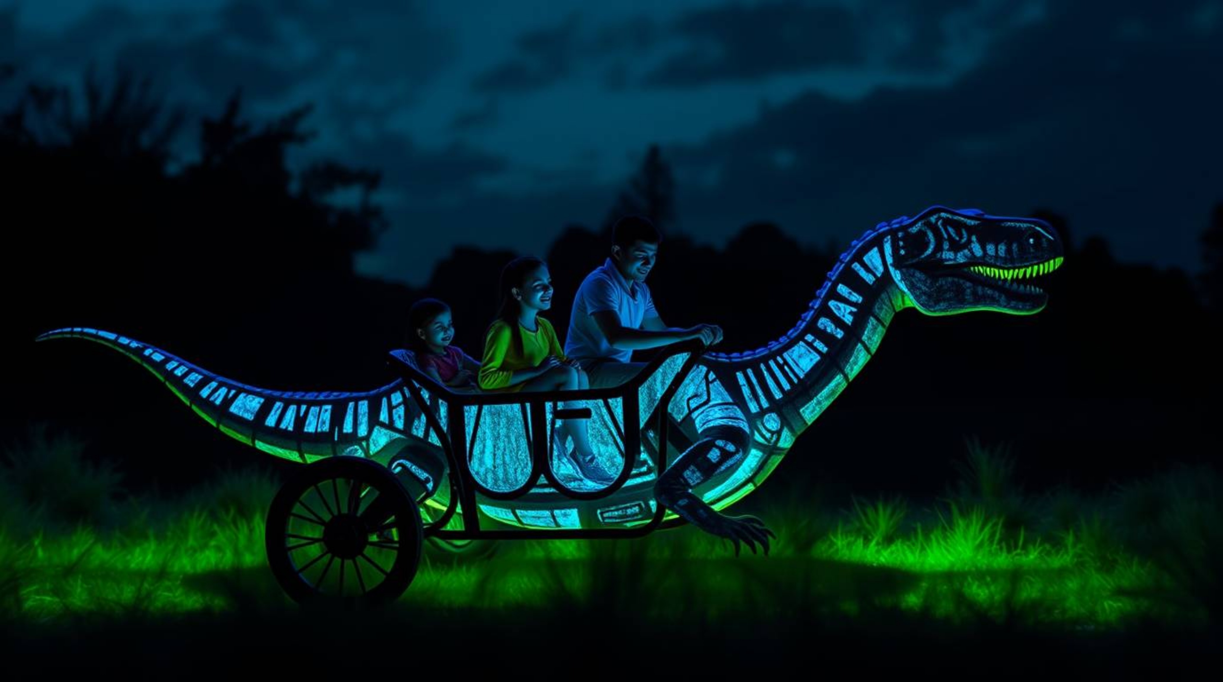 A prehistoric family enjoys a thrilling ride in a bioluminescent dinosaur car.  Intense jet-black glowing colors create drama