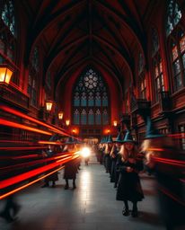 Capture the enchanting essence of a magical school teeming with young wizards through a long exposure photograph. The warm to