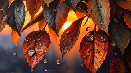 A classic oil painting capturing the beauty of a sunset reflected in raindrops clinging to vibrant leaves.  The artwork showc