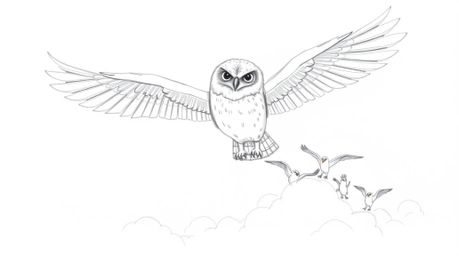 A captivating hand-drawn sketch showcases a blind owl, rendered in a charming Pixar style, soaring majestically above the clo