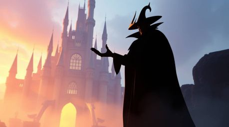 A classic Disney villain silhouetted against a grand, futuristic castle casts a powerful spell. Epic lens glow lighting illu