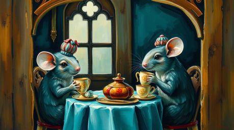 A classic oil painting portrays anthropomorphic mice enjoying a delightful tea party within a cozy cottage, rendered in a ric