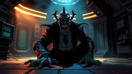 A humorous depiction of a villain's unraveling within a sophisticated, high-tech lair, illuminated by contrasting chiaroscuro