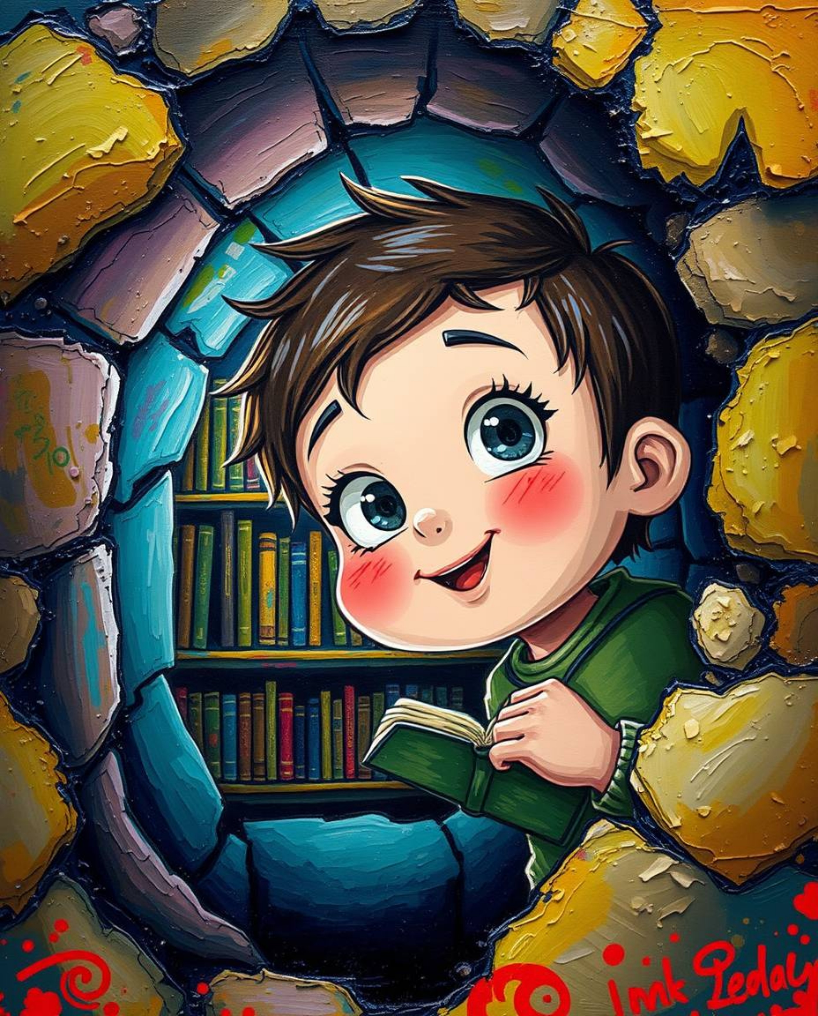 An adorable and charming person with rosy cheeks and bright eyes stumbles upon a hidden underground library, depicted in a vi