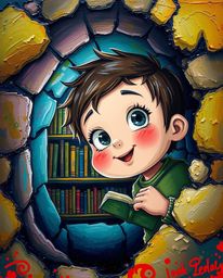 An adorable and charming person with rosy cheeks and bright eyes stumbles upon a hidden underground library, depicted in a vi
